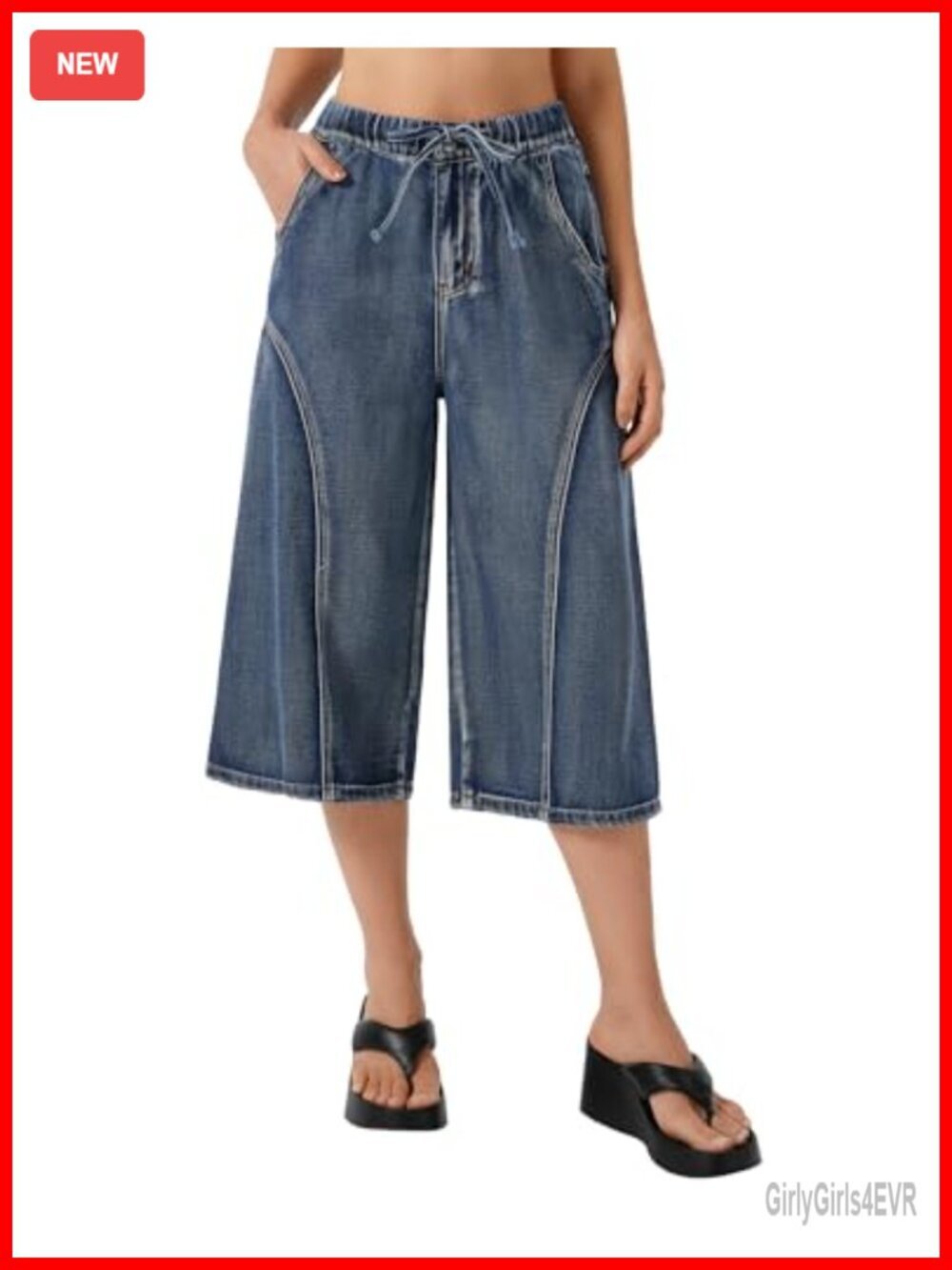 Non-Stretch Wide Leg Capri Jeans with Elastic Waist